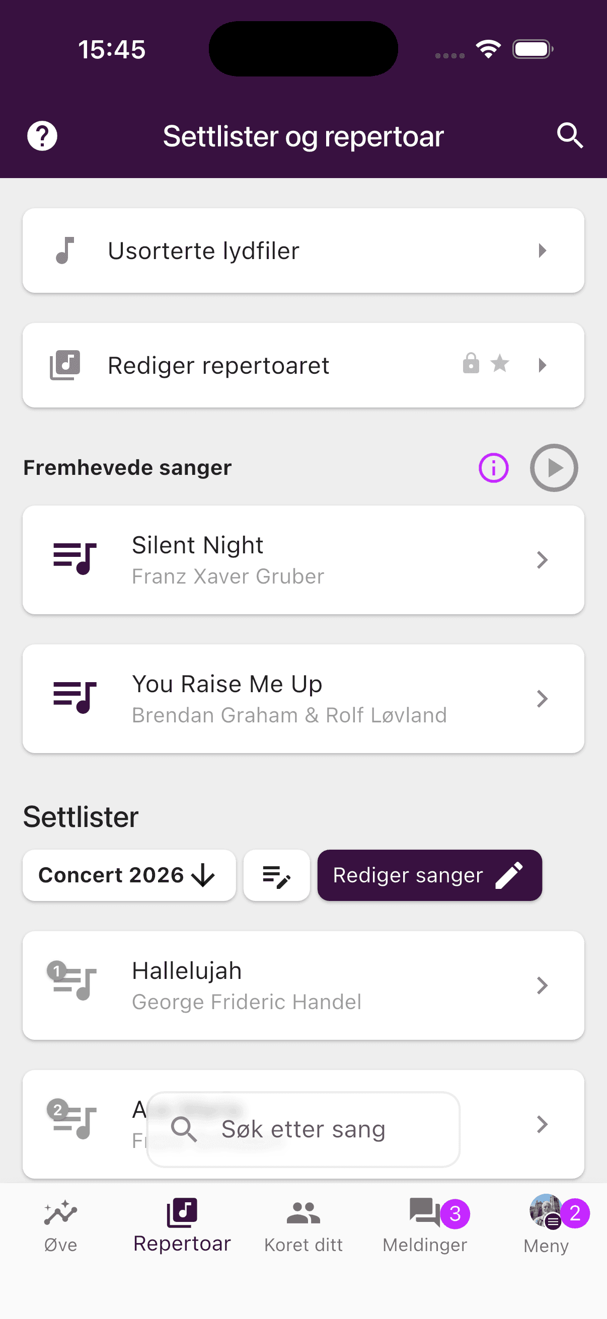 Repertoar med sanger