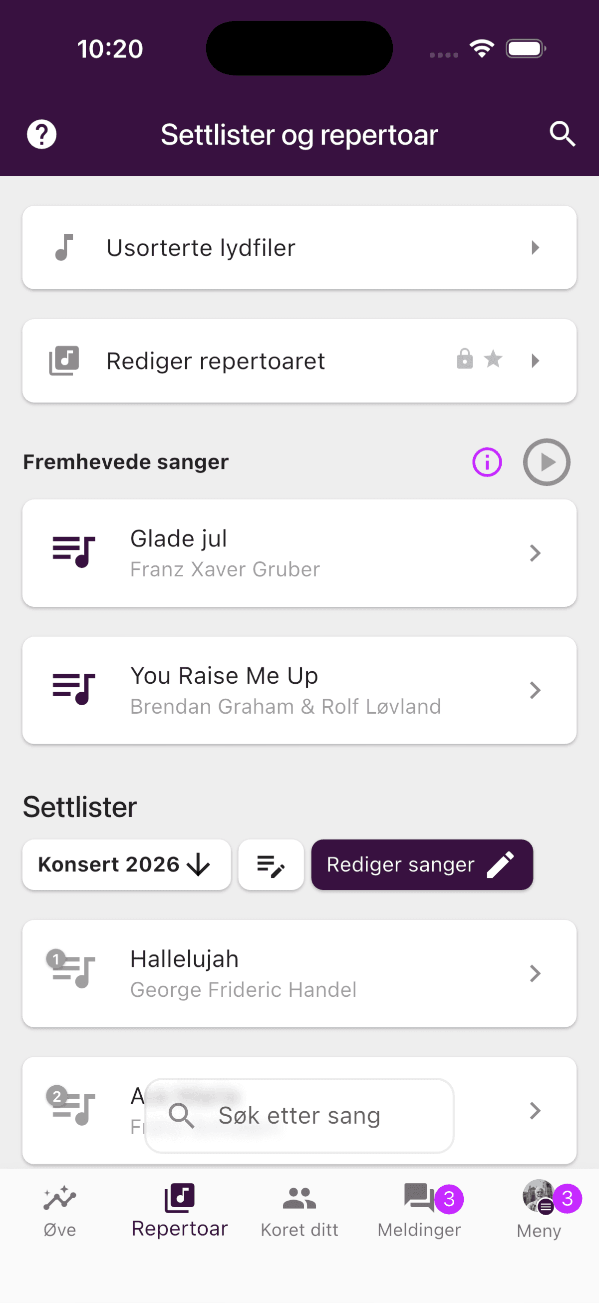 Repertoar-fanen med settlister