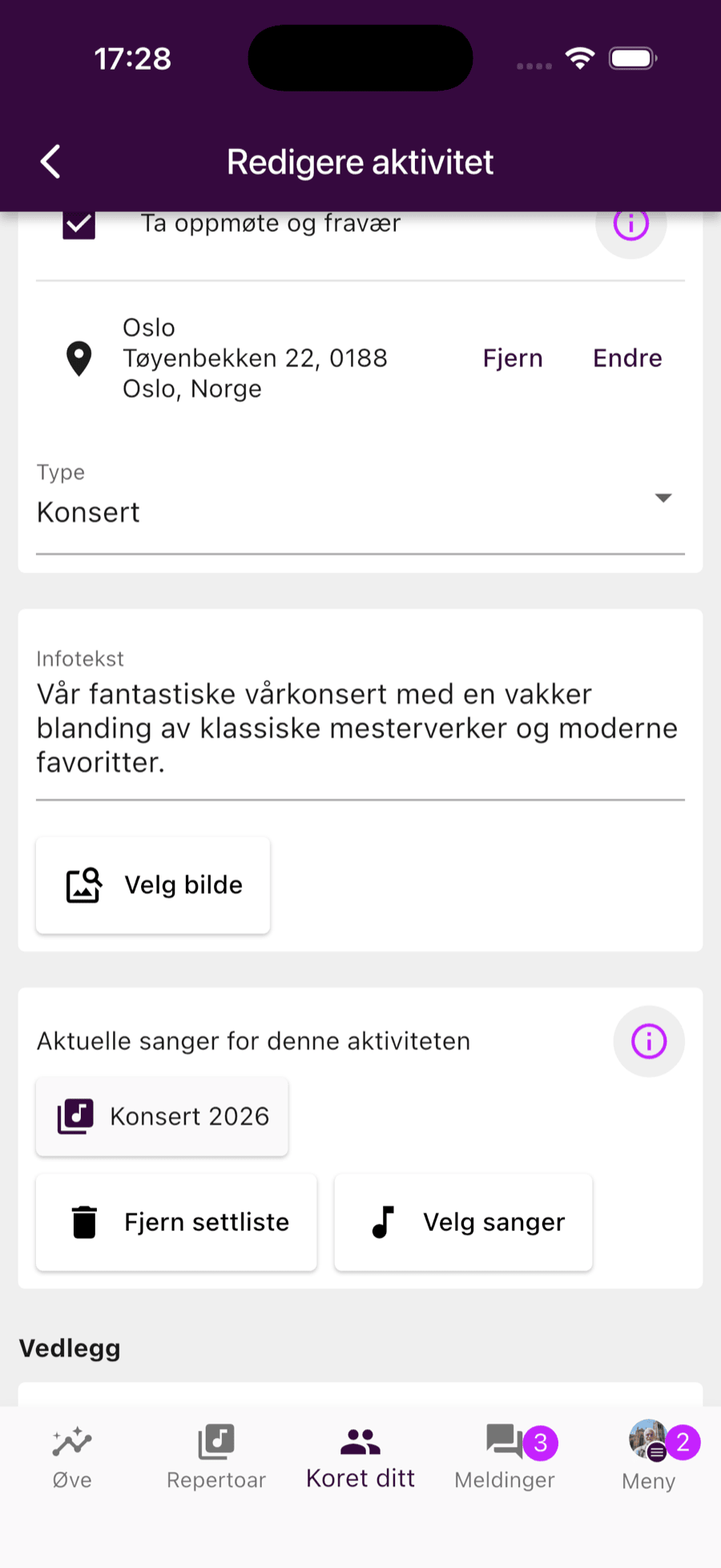Redigering av hendelse med sangseksjon