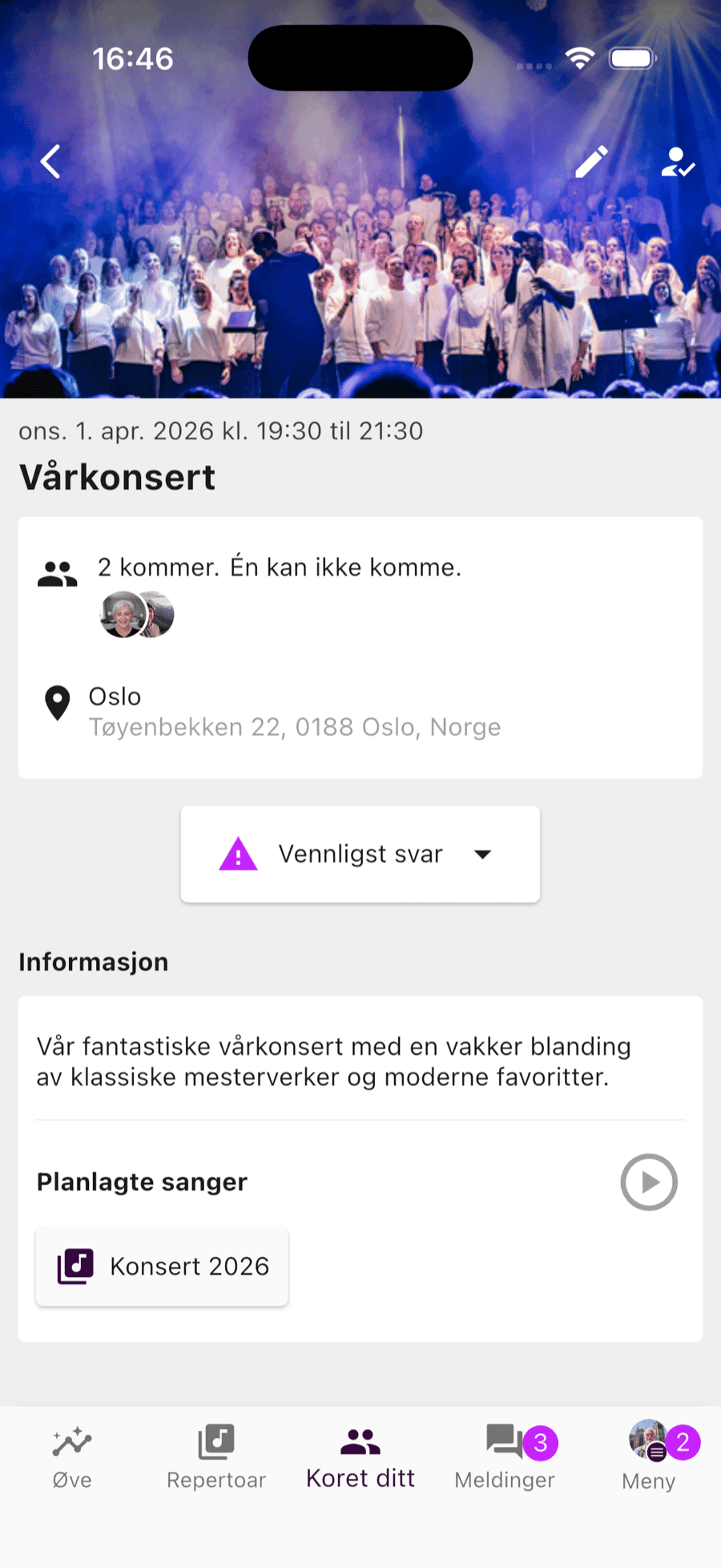 Hendelsesdetaljer med planlagte sanger