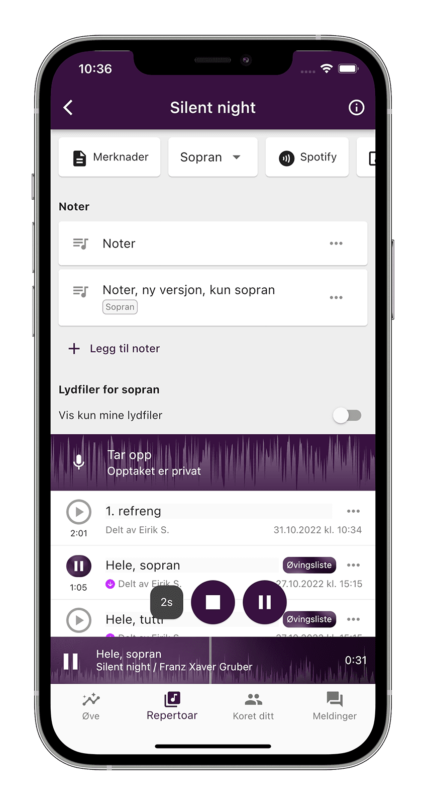 Lydfiler og noter i ChoirMate
